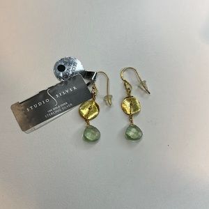 Studio Silver Gold Drop Earrings w/ Slab & Green Gemstone, NWT!